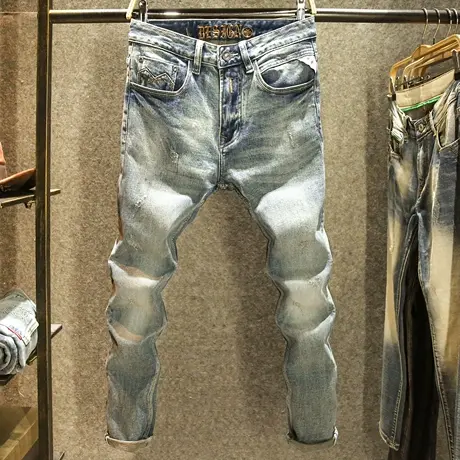 美式重磅复古做旧牛仔裤男款阿美咔叽修身小脚裤个性耐磨弹力长裤图片