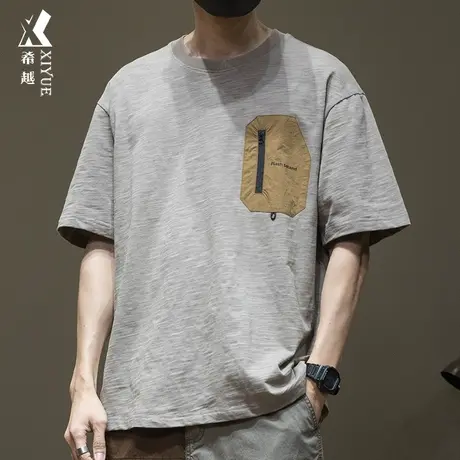 竹节平纹布透气短袖t恤男拼接撞色口袋印花半袖夏季宽松大码男装商品大图