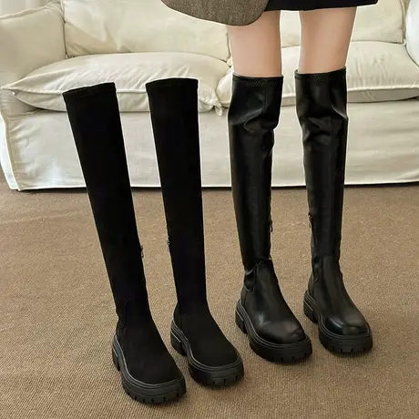 长筒靴女秋冬显瘦粗跟高筒长靴2023新款女士瘦瘦靴黑色爆款过膝靴商品大图