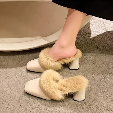 包头毛毛拖鞋时尚外穿2024年秋冬季新款高级感韩版高跟粗跟穆勒鞋图片