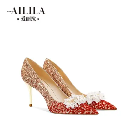 爱丽拉红色绝美婚鞋女2024新款春季秀禾服新娘高跟鞋不累脚高级感图片