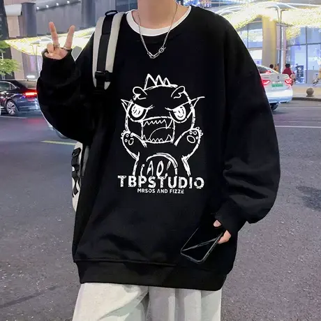 小恐龙圆领卫衣男春秋季ins潮牌休闲加绒加厚宽松长袖内搭打底衫商品大图