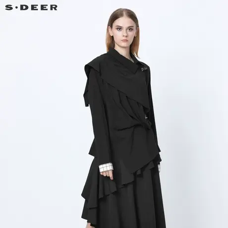 sdeer圣迪奥女装春秋装不规则翻领拼接堆格纹长袖衬衫S21380512图片