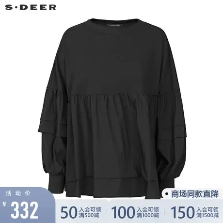 sdeer圣迪奥女装22春夏新品休闲圆领拼接不规则黑色衬衫S221Z0516图片