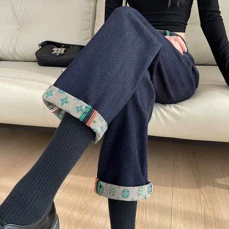 加绒加厚哈伦牛仔裤女2024春秋季新款高腰宽松梨形身材直筒老爹裤商品大图