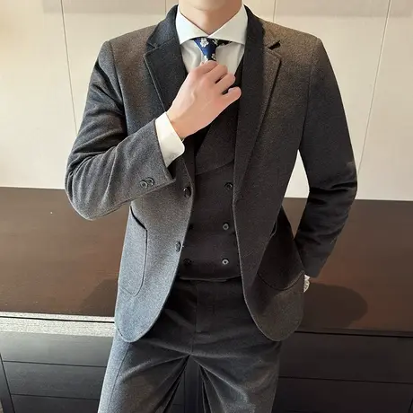 保暖加厚毛呢西服男秋冬职场通勤商务装英伦高级感两粒扣呢子外套图片