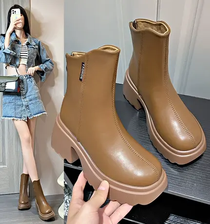 厚底马丁靴女秋冬加绒靴子女黑色小个子粗跟短靴2024新款春秋单靴商品大图