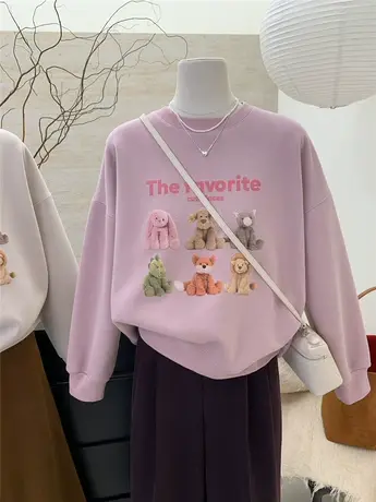 奥粒绒加绒加厚卫衣女冬季减龄卡通小熊印花加绒圆领休闲套头上衣图片