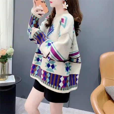 复古撞色民族风圆领毛衣女秋冬2023年新款宽松洋气减龄软糯针织衫商品大图