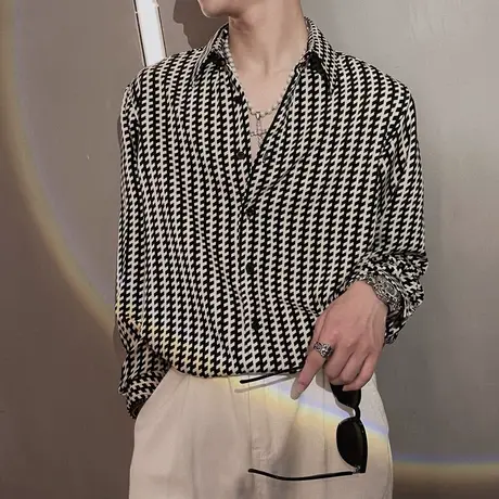 衬衫男韩版长袖衬衣高级潮流痞帅潮牌花色休闲千鸟格时尚潮流ins商品大图