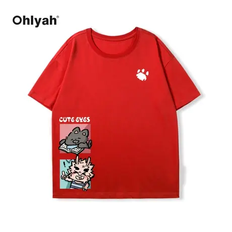 Ohlyah春季新款短袖t恤男女同款情侣T恤小龙印花短袖宽松休闲上衣图片
