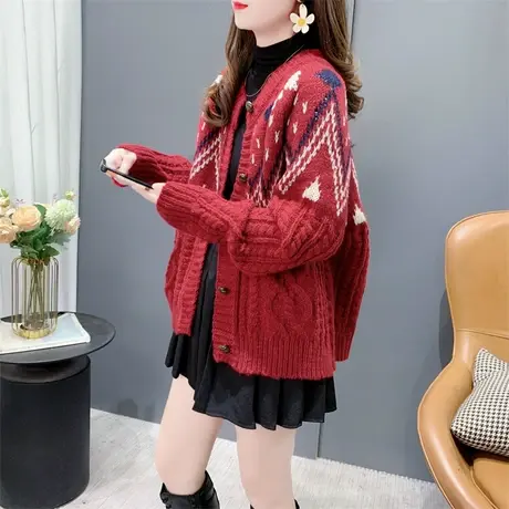 圣诞氛围感新年红色毛衣开衫女春季2024新款宽松加厚针织开衫外套商品大图