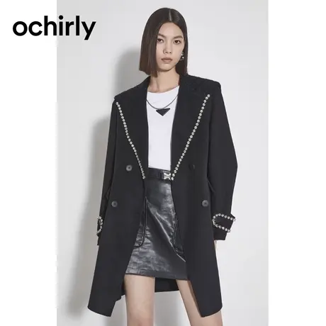 ochirly欧时力 羊毛双面呢大衣女 2023新款秋冬钻链流苏毛织领商品大图
