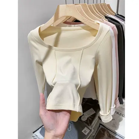 鱼骨线性感圆领洋气打底衫女秋冬长袖T恤内搭修身磨毛正肩上衣潮商品大图