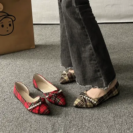 法式珍珠浅口单鞋女2024年春秋新款蝴蝶结奶奶鞋子尖头小低跟瓢鞋商品大图