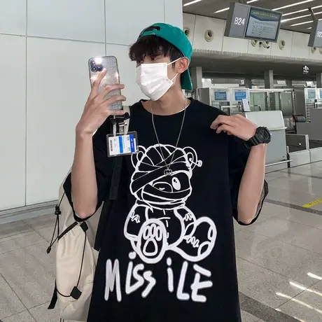 新款短袖t恤男潮牌ins半袖衣服宽松纯棉港风夏季反光小熊百搭体桖商品大图