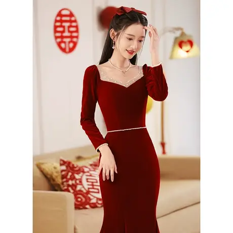 鱼尾敬酒服新娘冬季长袖酒红色丝绒晚礼服女修身高端高级感长款商品大图