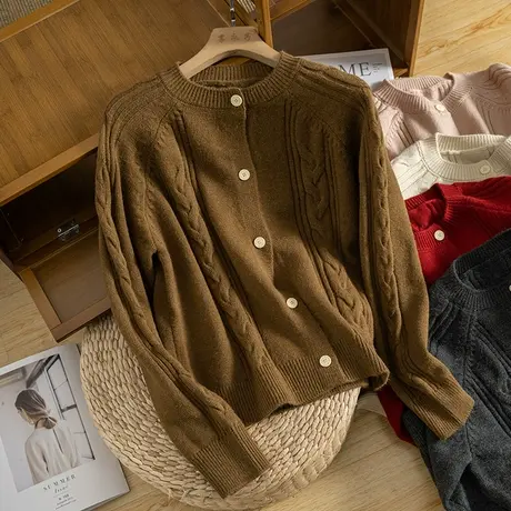 享永子【复古腔调】绞花针织开衫女早春毛衣外套羊毛显瘦文艺复古商品大图