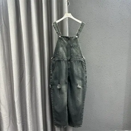 港风做旧拉链设计感牛仔背带裤女2024春季新款破洞百搭连体长裤潮商品大图