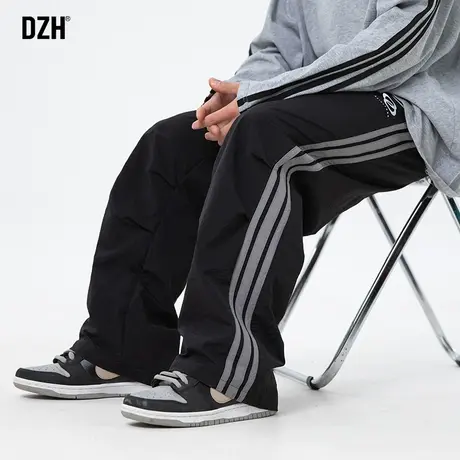 男生黑色休闲裤男直筒宽松侧边条运动裤子2024年春季休闲阔腿长裤商品大图