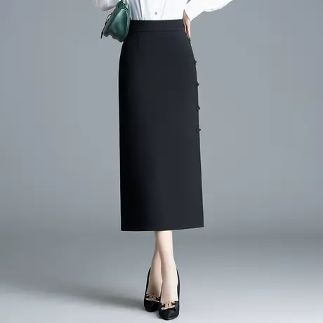黑色显瘦半身裙直筒裙女春季2024新款高腰包臀裙中长款开叉一步裙图片