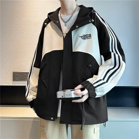 外套男春秋季2024新款潮牌冲锋衣男装帅气休闲连帽工装男士夹克商品大图