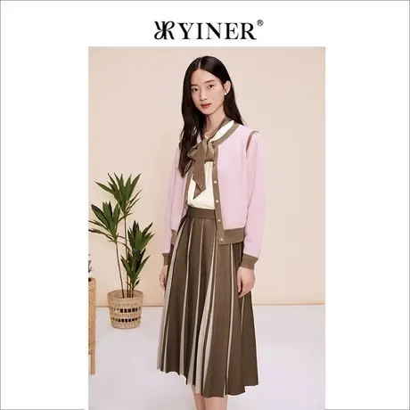 YINER音儿女装春季法式优雅撞色边羊毛羊绒针织开衫图片