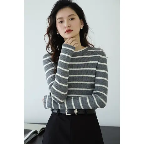 嘉茱莉2024春季新款条纹针织衫女圆领套头打底衫修身羊毛针织上衣图片