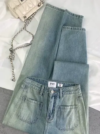 小口袋复古磨白牛仔阔腿长裤2024春季新款显瘦百搭高腰宽松直筒裤商品大图