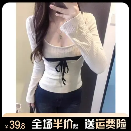 纯欲设计感长袖t恤女2024新款春秋冬收腰又甜又辣修身针织衫上衣图片