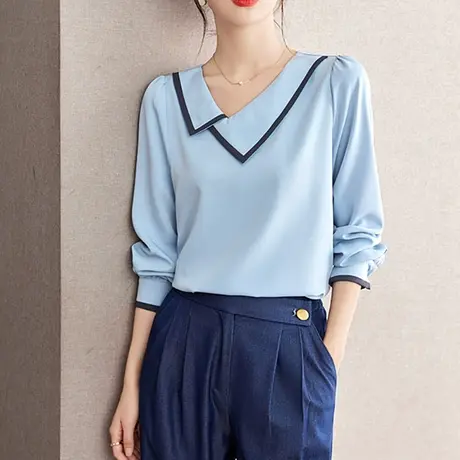 韩潮袭人时尚百搭撞色长袖衬衫设计感别致气质上衣衬衣图片