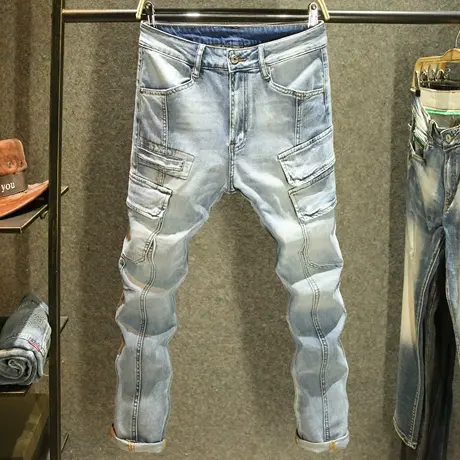 浅蓝色高端工装牛仔裤男潮牌拼接修身小脚裤潮男穿搭百搭帅气长裤商品大图