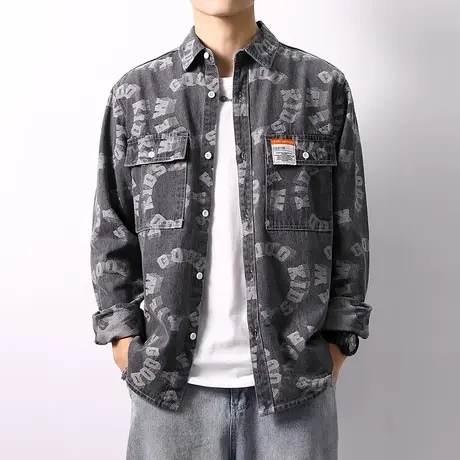 2022新款春秋季男装街潮流牛仔长袖衬衫工装衬衣休闲百搭寸依个性商品大图