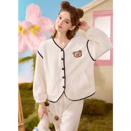 唐狮卡通睡衣秋冬季女款家居服珊瑚绒开衫加厚可爱两件套套装商品大图