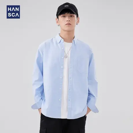hansca美式重磅牛津纺长袖衬衫男春秋款宽松休闲翻领百搭衬衣外套商品大图