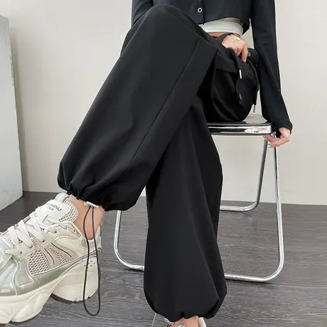 抽绳阔腿运动裤女春秋夏季薄款宽松束脚显瘦小个子直筒浅黑色卫裤图片