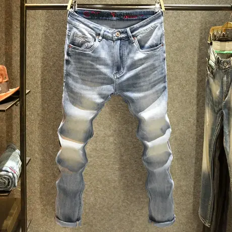 潮牌水洗磨白牛仔裤男款修身小脚裤个性潮流口袋刺绣百搭裤子男装商品大图