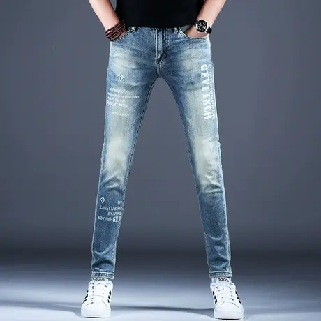 2024男士新款牛仔裤子时尚修身印花精致小脚裤棉弹美式男潮牌休闲图片