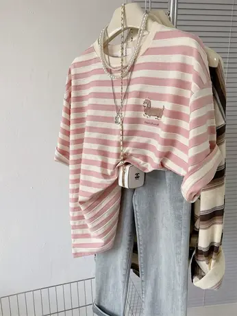 春夏新款经典条纹小狗刺绣上衣小众设计感中长款打底宽松半袖T恤商品大图