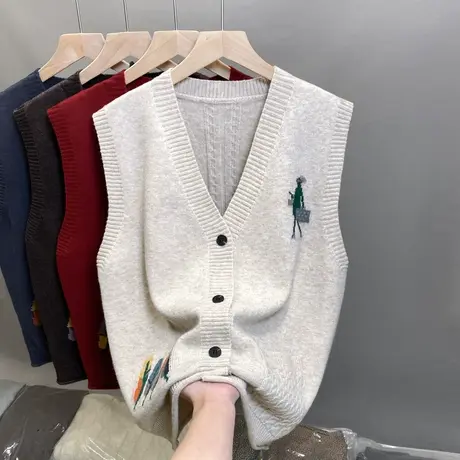 新款V领针织马甲女无袖开衫外搭背心叠穿提花无袖毛衣坎肩马夹女商品大图