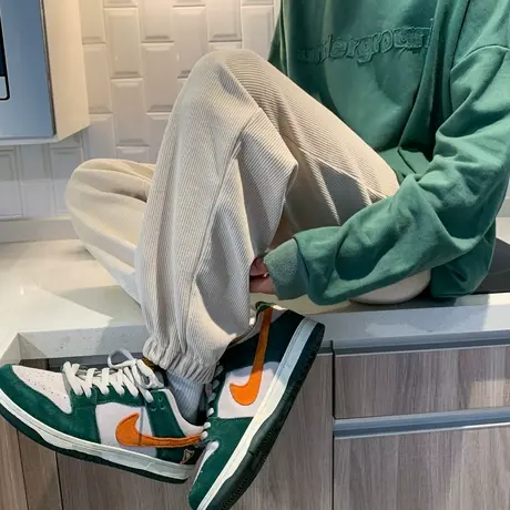 奶白色裤子男春秋ins艺术生设计感垂感休闲裤hiphop宽松束脚卫裤商品大图