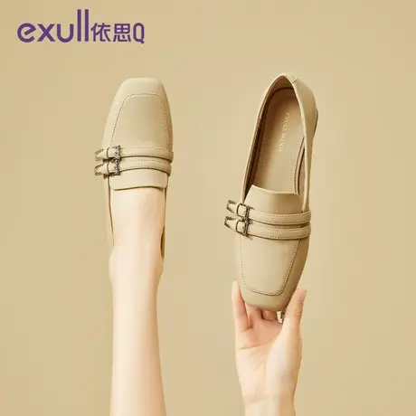 依思q方头单鞋女2023新款复古粗跟法式超软乐福鞋通勤上班工作鞋商品大图