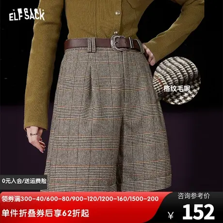 妖精的口袋高腰格纹毛呢短裤女2023冬季新款复古英伦学院风裤子图片