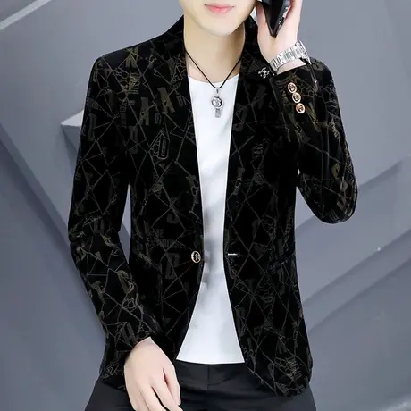 印花潮牌西装男士春季高端灯芯绒上衣休闲痞帅春装韩版小西服外套商品大图