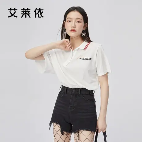 艾莱依夏季新款polo领斜门襟宽松短袖T恤女时尚印花上衣潮商品大图
