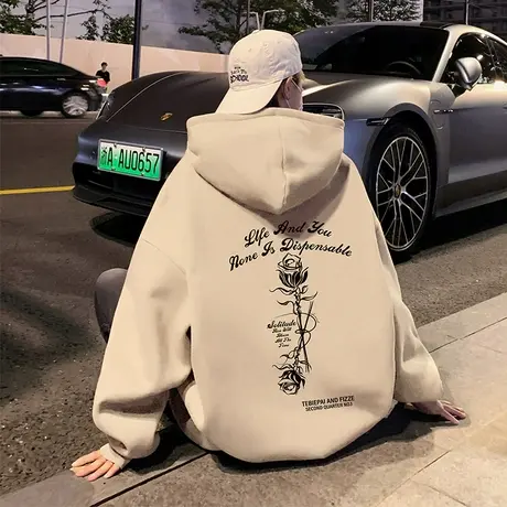 oversize玫瑰印花港风复古高街连帽卫衣男春秋季情侣宽松潮牌外套商品大图