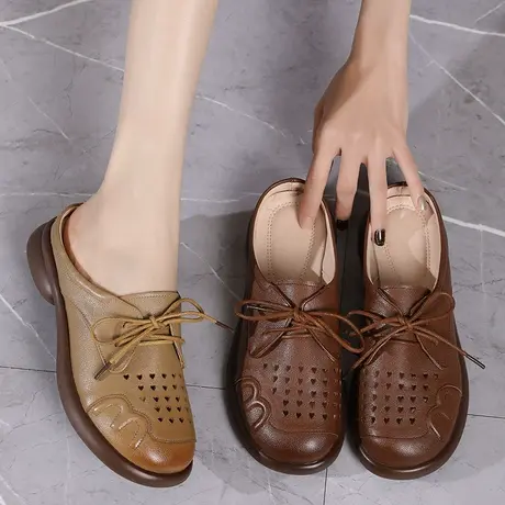 2023真皮包头镂空大码拖鞋41一43女软底软皮透气新款品牌平底凉拖商品大图