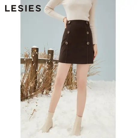 LESIES蓝色倾情冬款女装时尚拉链双排扣简约半身裙腰裙a字短裙图片
