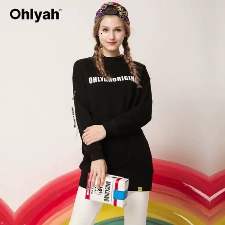 Ohlyah卫衣2023新款女韩版宽松中小高领纯棉中长款连衣裙大码黑色图片