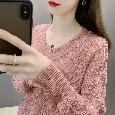 早秋镂空V领女士毛衣2023年新款小个子薄款针织打底衫女春秋百搭商品大图